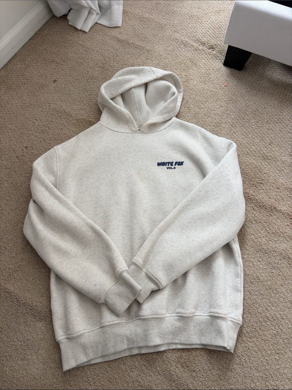 White Fox Boutique Cream Hoodie with Small Navy Logo